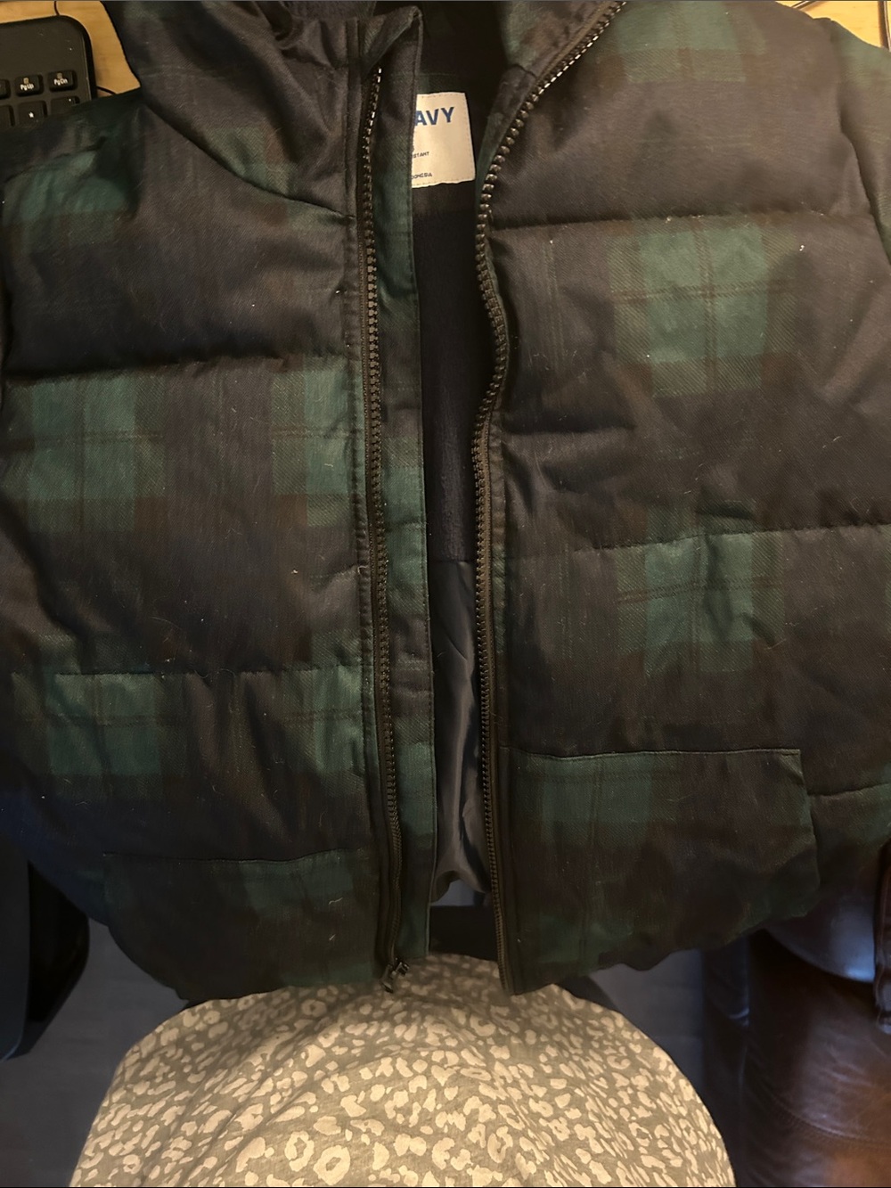 Old Navy Kids Hooded Plaid Puffer Jacket in Green and Navy